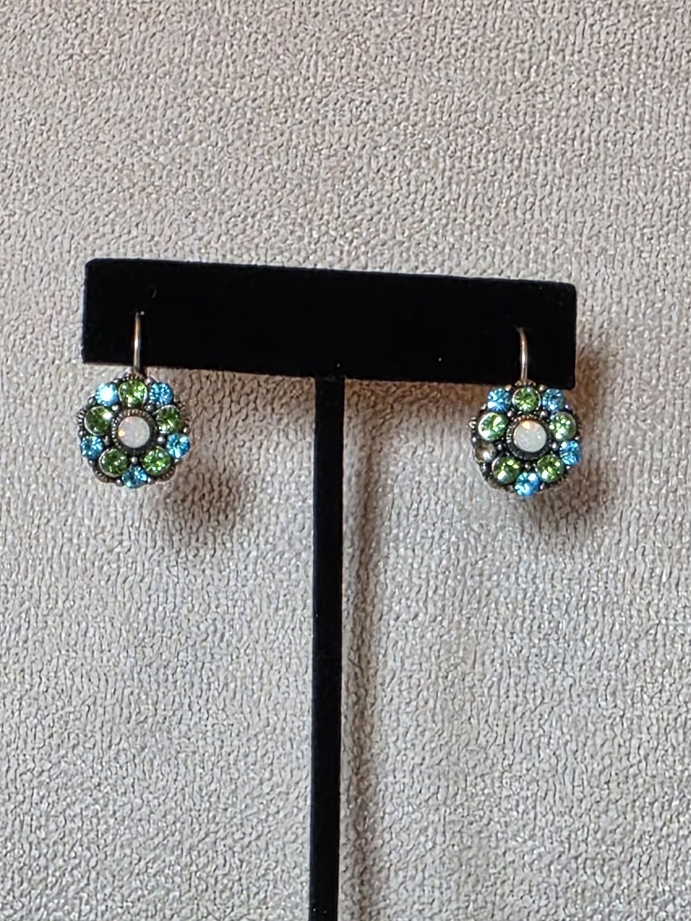 Green and Blue Crystal Flower Drop Earrings